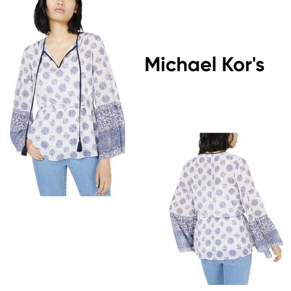 NWT MICHAEL Michael Kors Mosaic Tie Neck Peasant Top - Various - Picture 3 of 5